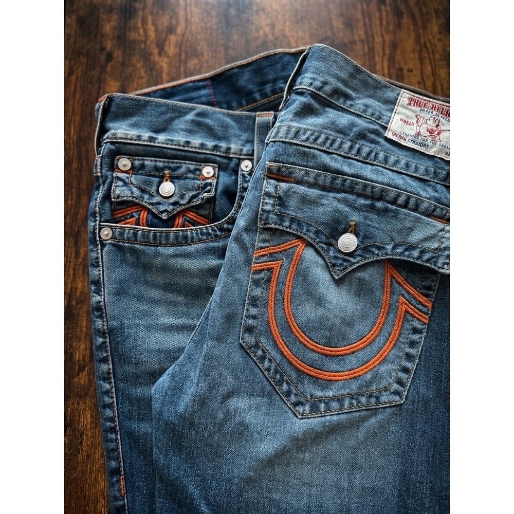 True Religion Ricky Straight Jeans Mens 40 Blue Medium Wash Orange Stitch Flap